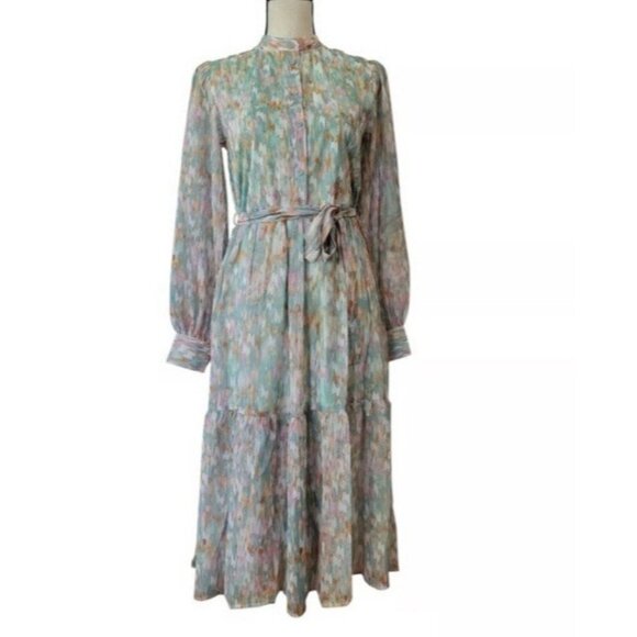 Spring & Mercer L Watercolor Chiffon Midi Prairie Dress Small Long Sleeve NEW - Picture 2 of 16